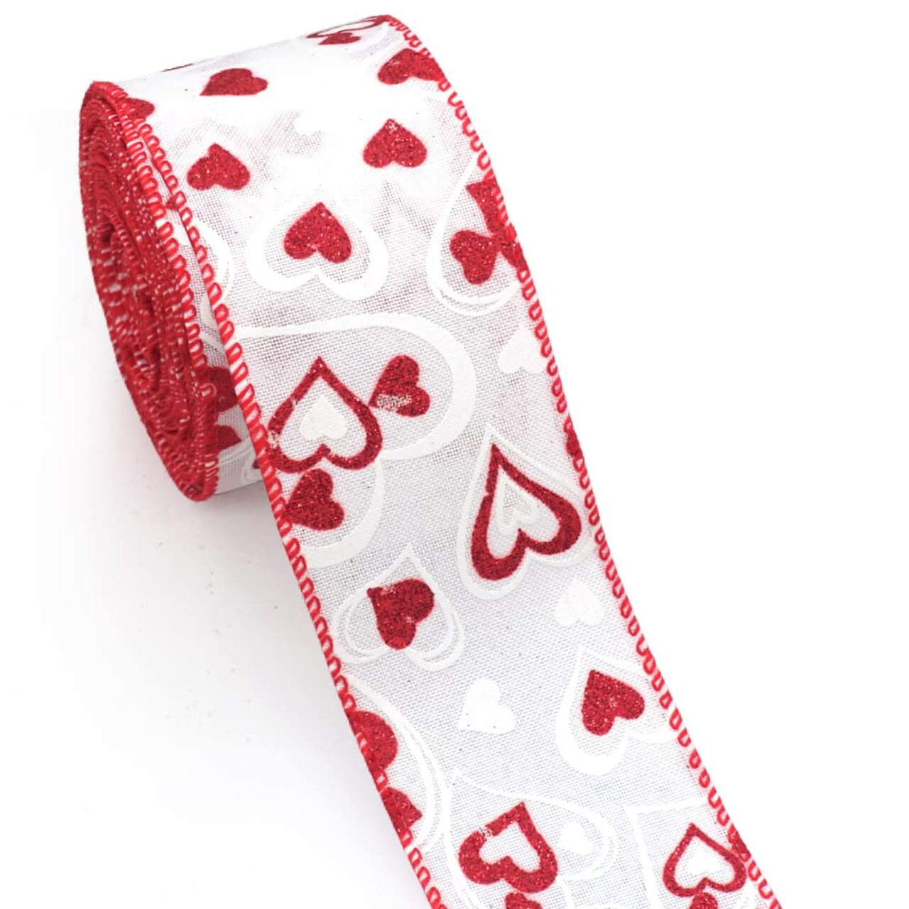 Valentines Fabric Ribbons, White Love Heart Edge Wired Burlap Ribbon for Valentine's Day Hanging Wrapping Party Gift Decoration Indoor Outdoor Tree Crafts Supplies (2.5 Inch * 10 Yards * 1 Roll)